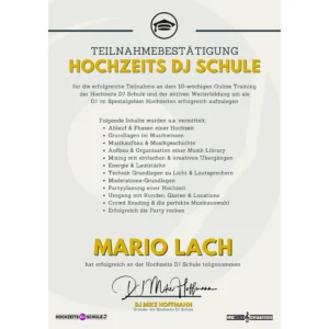 Bild eines Zertifikates der Hochzeits DJ Schule – Nachweis über Qualifikation – DJ CMO