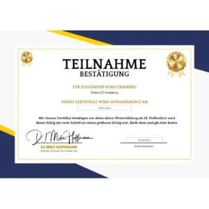 Bild eines Zertifikates der Online DJ Academy – Nachweis über Qualifikation – DJ CMO